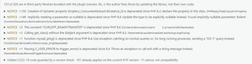 Detail view of one plugin: findings grouped by rule with counts, a note that 153 of 305 findings are in a bundled third-party library, and 122 hidden findings with their reasons